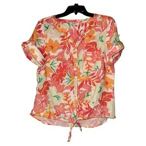 Coral‎ Bay Petite Women’s Linen Hawaiian Floral Tie Blouse Resort Petite Large